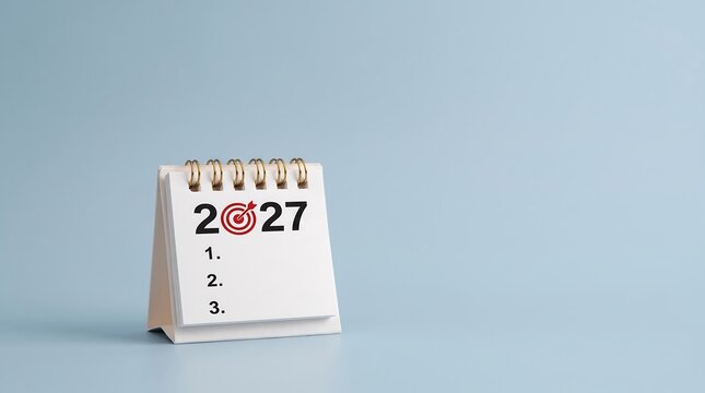 Minimalist desktop calendar with 2027 year target icon and list for goal setting and business planning on blue background.