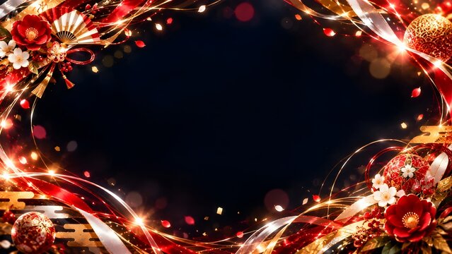 華やかな鞠と椿に金扇をあしらった高級感のあるお正月用の和風フレーム