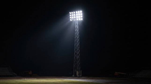 Floodlight photo of stadium lighting tower illuminating sports field at night with copy space