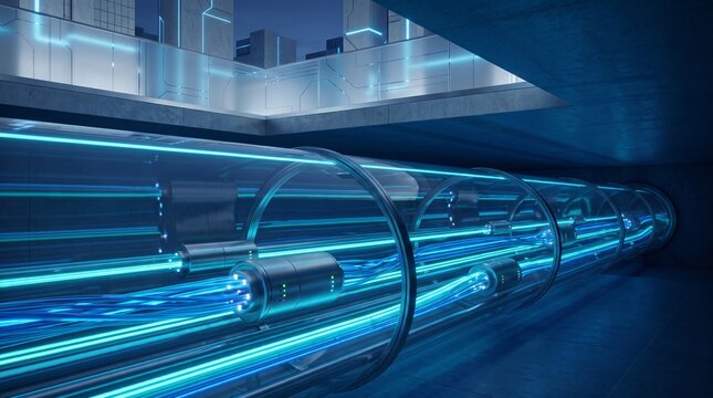 Glass hyperloop tube with high speed glowing blue fiber optic cables transmitting data representing futuristic underground transport network infrastructure