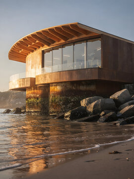Curved Timber Eave Building on Corten Steel Piers Above Coastal Rocks at Golden Hour