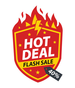 Red shield hot deal flash sale badge with fire and lightning bolt Icon Vector Illustration