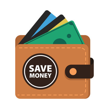 Brown leather wallet with credit cards and cash featuring a save money wallet Icon Vector Illustration