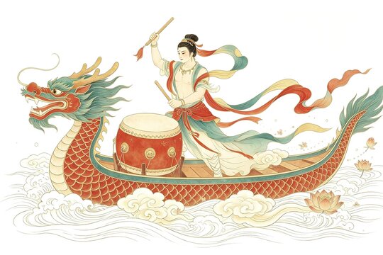 Traditional Chinese Painting Female Immortal Playing Drum On Dragon Boat With Dragon Head Waves Ribbons And Lotus
