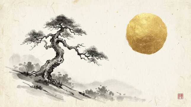 Traditional Sumi e Brush Painting of Pine Tree with Golden Moon Disc