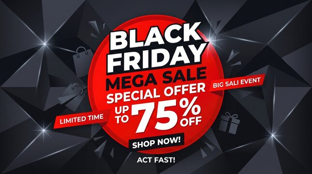 Black Friday mega sale vector banner with red discount badge and abstract dark background