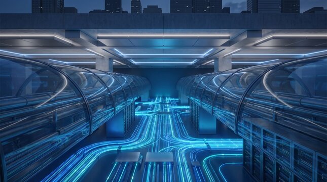 Futuristic server room data center with glass hyperloop tunnels and glowing blue fiber optic cables symbolizing high speed internet connectivity