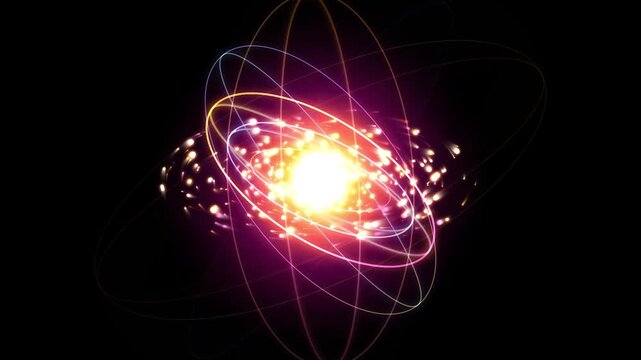 Abstract atomic model looping video with glowing energy and electrons.