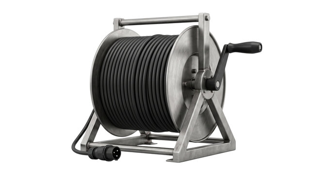 Industrial stainless steel cable reel with black power cord, heavy duty metal hose drum with manual hand crank, professional electrical extension cord spool isolated PNG with Transparent