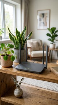 Modern WiFi Router and Network Equipment on a Wooden Desk with Indoor Plants