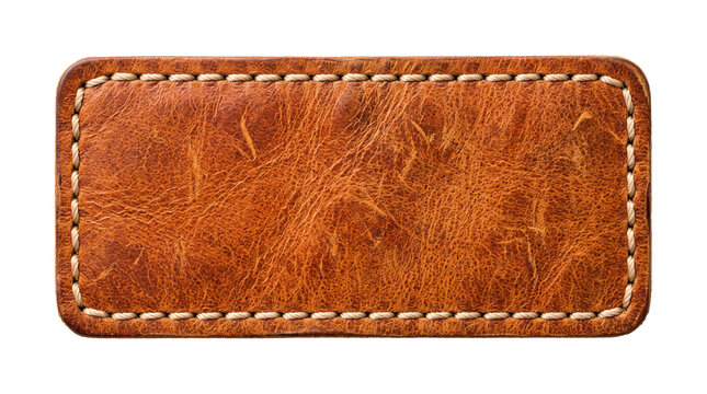 Distressed brown leather patch with white stitching for fashion clothing labels and accessory branding or rustic craft design.