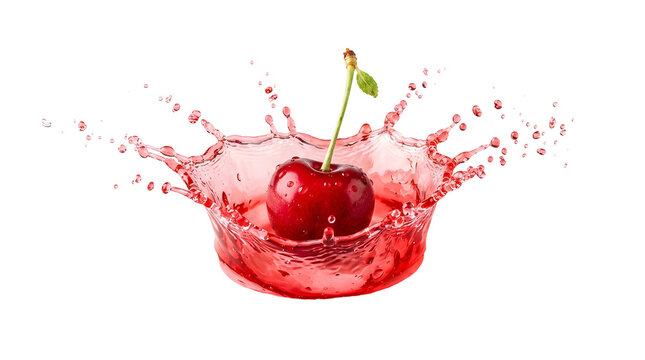 Fresh red cherry falling into liquid creating a crown splash isolated on a transparent background