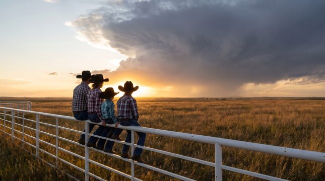 Silhouetted cowboy family sitting on corral fence watching dramatic sunset and storm clouds