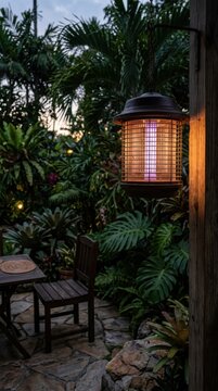 Outdoor Mosquito Repellent Lamp Glows in Evening Garden Setting