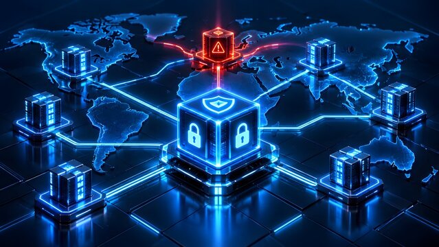 Global network map featuring a central secure data node and distributed server blocks representing a worldwide cloud infrastructure managing a localized cyber threat