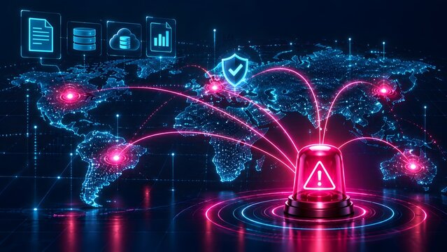 Red emergency beacon on a digital world map with floating document icons representing global cybersecurity threat detection and international data breach alerts