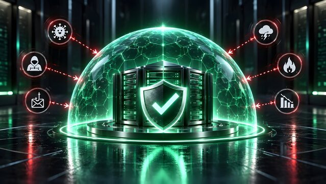 Glowing green digital shield protecting server racks from red cyber threat and disaster icons representing comprehensive data center security and disaster recovery infrastructure