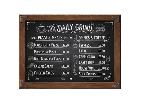 Chalkboard restaurant menu with coffee, pizza, burger, and drinks illustrations
