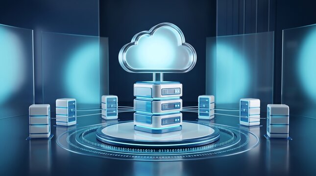 Glass cloud icon connected to server units with binary code rings representing big data and cloud storage architecture in modern dark technology environment for data analytics