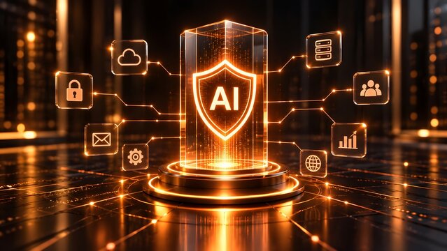 Glowing orange artificial intelligence shield inside a glass pillar connecting to various digital interface icons representing centralized AI enterprise security and advanced network infrastructure