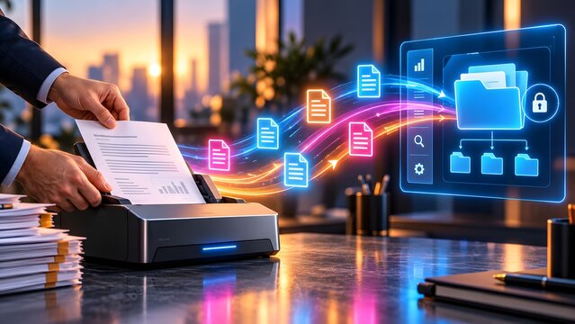 Businessman scanning physical papers into a digital folder interface representing secure document digitization and the transition to a paperless corporate workflow