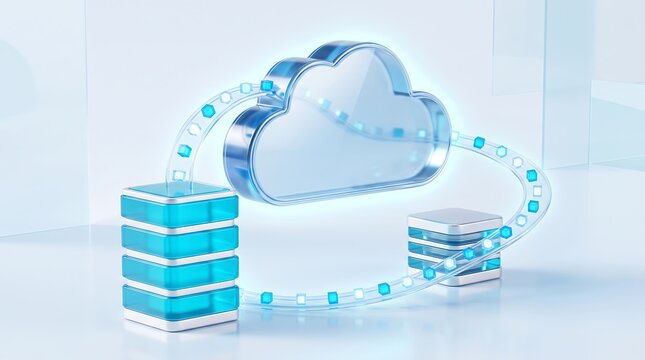 Abstract digital cloud computing concept with server towers and glowing data stream icons representing high speed information transfer and secure cloud storage infrastructure technology