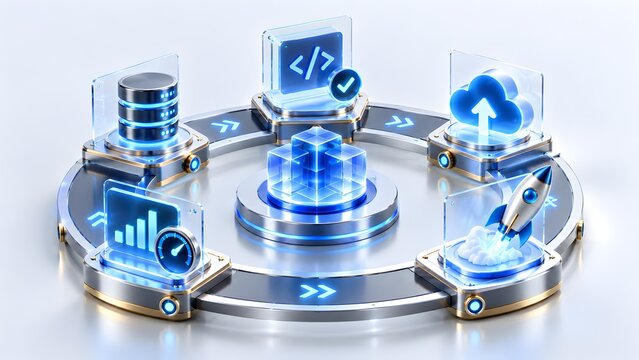 Glowing blue digital icons of code, cloud, database, and a launching rocket on a circular platform representing the software development lifecycle and automated deployment strategy