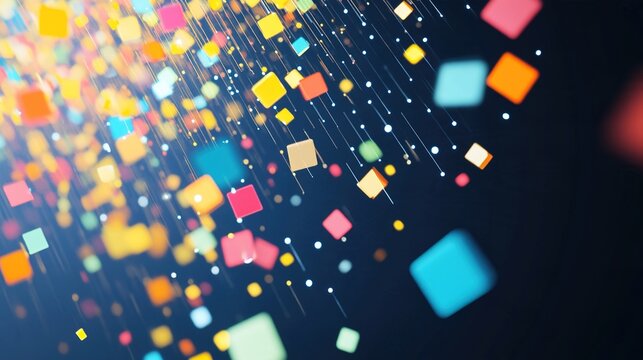 metrics. Floating geometric shapes forming an abstract data visualization, representing technological concepts. product launch decks.
