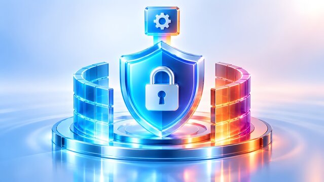Glowing digital shield and padlock enclosed by a brick firewall barrier representing advanced network security configuration and enterprise data protection