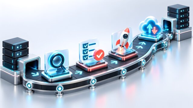 Digital conveyor belt carrying data icons and a rocket representing automated software deployment pipeline and continuous integration workflow