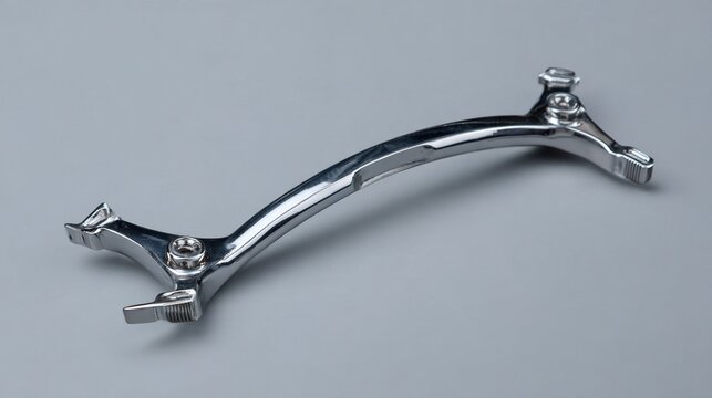 shortcoming. A stainless steel dental facebow isolated on a neutral background. STEM education sheets, lab safety posters, designed for biotech research communications, used by nutritionists.