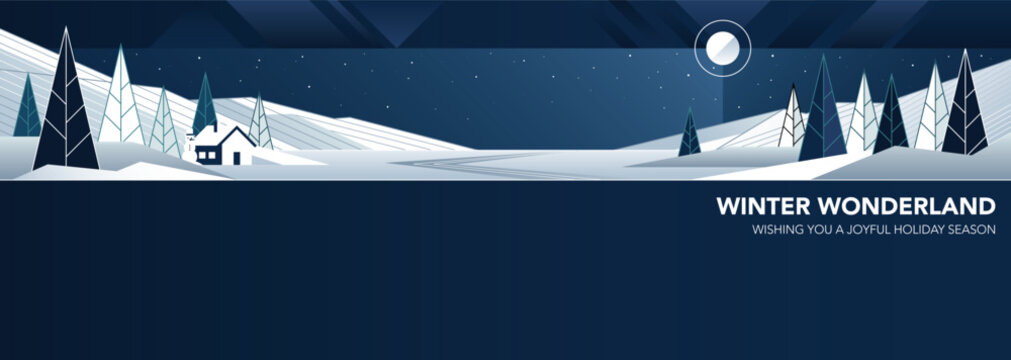 Minimalist geometric winter wonderland at night banner modern retro style have blank space.