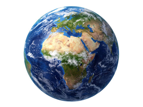 Realistic Earth globe with visible continents and oceans, isolated on transparent background Cutout PNG
