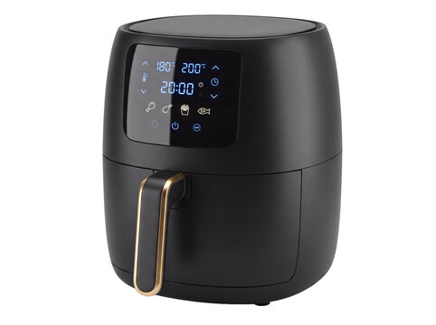 Modern black air fryer appliance with digital display and gold handle, isolated on transparent background Cutout PNG