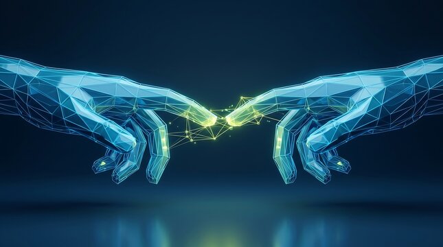 Digital human hands reaching towards each other with glowing wireframe nodes connecting in cyberspace representing artificial intelligence connectivity and future technology collaboration concept