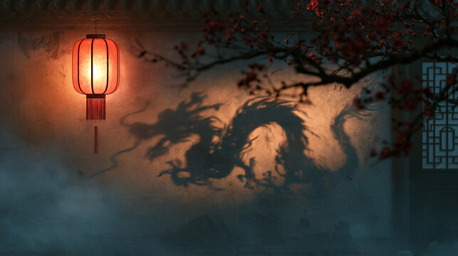 
Chinese dragon shadow cast on a misty wall beside a glowing red paper lantern and tree branches, mystical Year of the Dragon Chinese New Year atmosphere with dark moody background