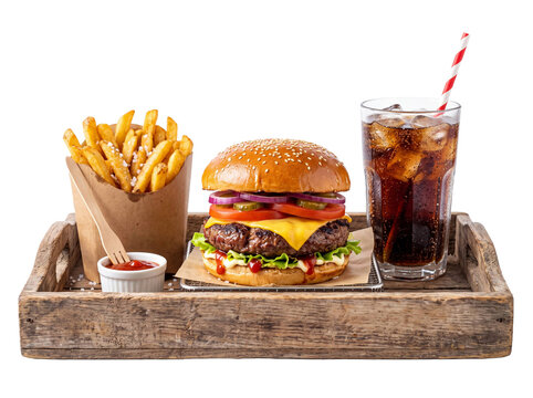 Juicy cheeseburger with fries and soda on a rustic wooden tray, cutout PNG
