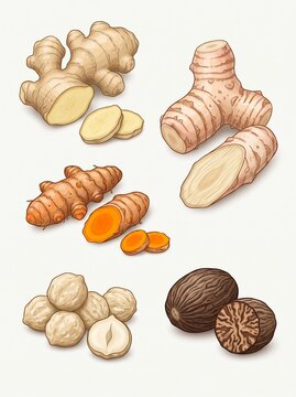 Educational vector illustration comparing whole and sliced Indonesian spice ingredients for culinary guides, grocery education, recipe websites and food packaging references.