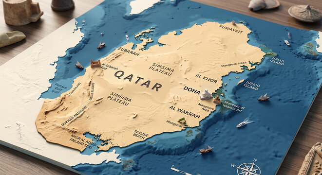 3D rendering of the map of Qatar ilustration detailed topographic style