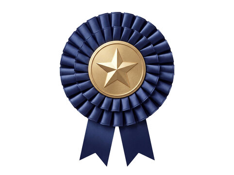 Blue rosette ribbon award with gold star center, isolated on transparent background Cutout PNG