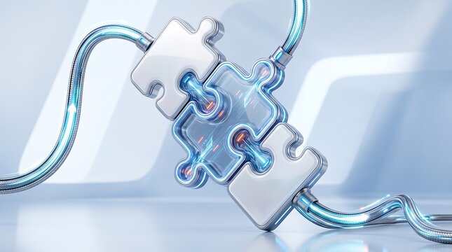 Two transparent puzzle pieces connected by complex fiber optic cables on a glowing white background representing high speed data transmission and advanced technical connectivity