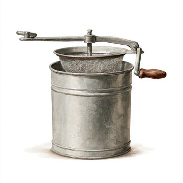Vintage metal flour sifter with a wooden handle isolated on a white background