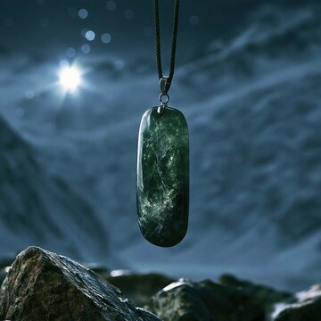 Green pounamu jade pendant necklace hanging against a blurred dark mountain landscape