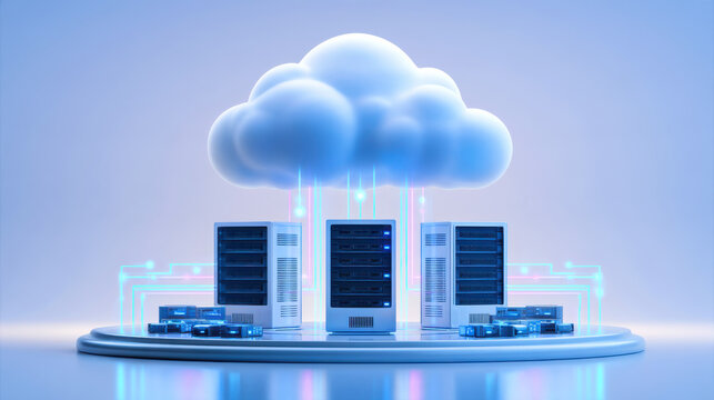 Cloud server cluster connected to glowing cloud with neon data streams conveying futuristic cloud computing concept
