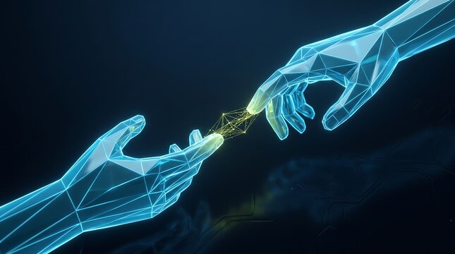 Two glowing wireframe hands reaching out to touch each other creating a spark of digital energy representing human and artificial intelligence connection in modern technology 3D render