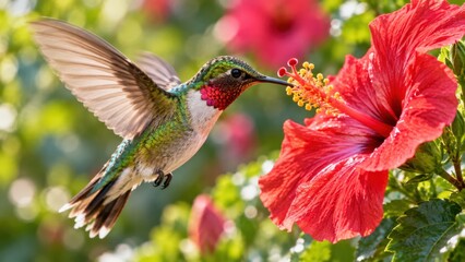 Fototapeta premium Hummingbird Feeding on Vibrant Red Hibiscus Flower