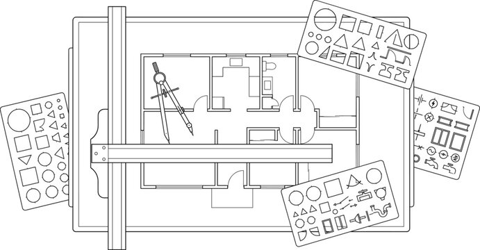 Architectural drafting workspace with floor plan drawing board manual tools T-square compass and stencil templates vector