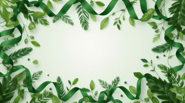 Abstract wildlife background with flowing green ribbon and leaf border