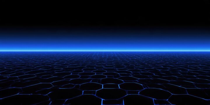 Dark, hexagonal grid receding into a glowing blue horizon