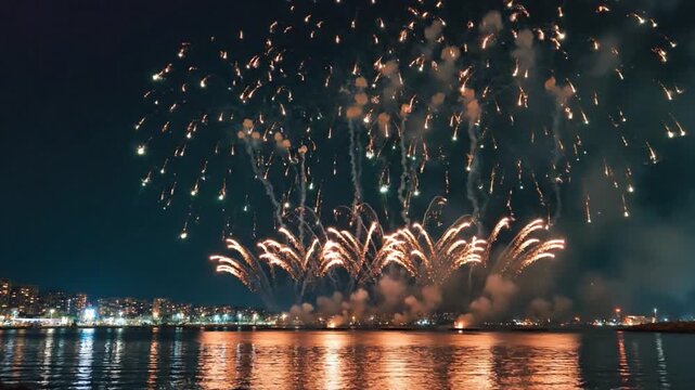Colorful fireworks illuminate waterfront city skyline during durga puja and navratri festive night celebration with glowing reflections and traditional hindu festival atmosphere
